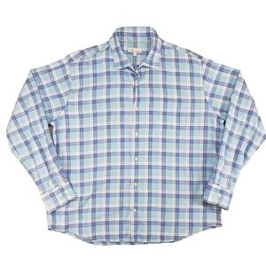 Peter Millar Crown Finish Seaside Plaid Sport Shirt Mens XL Blue Cotton Classic‎